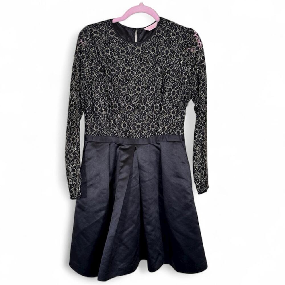 Ted Baker Black Satin Gold Glitter Lace Mini Dress Womens M Formal Long Sleeve